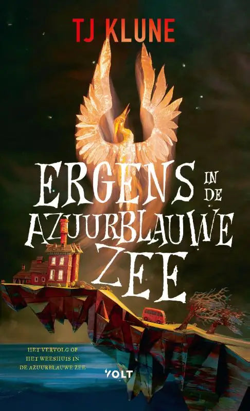 Een gouden feniks met uitgestrekte vleugels boven een surrealistisch drijvend eiland in de azuurblauwe zee