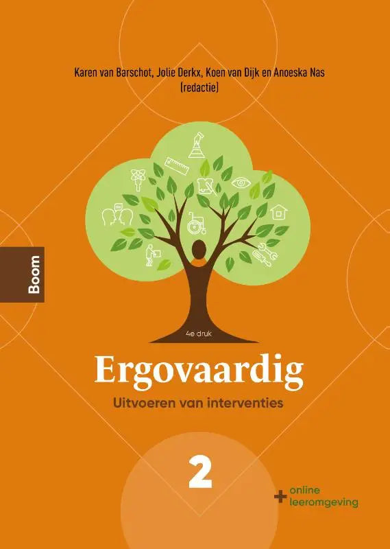 Oranje boekomslag van ergovaardig met een groene boom en witte iconen in de bladeren zichtbaar