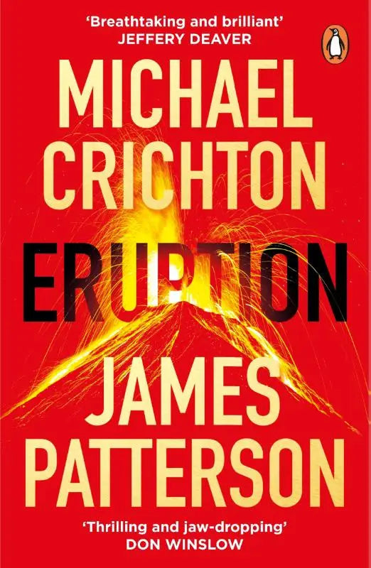 Rood boekomslag van eruption door michael crichton en james patterson met illustratie van vurige vulkaan