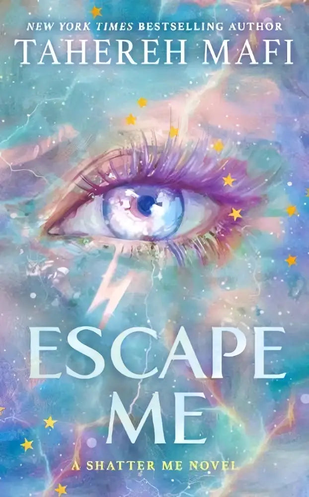 Escape me boekcover door tahereh mafi bij harpercollins publishers met levendige paarse wimpers en kosmische achtergrond