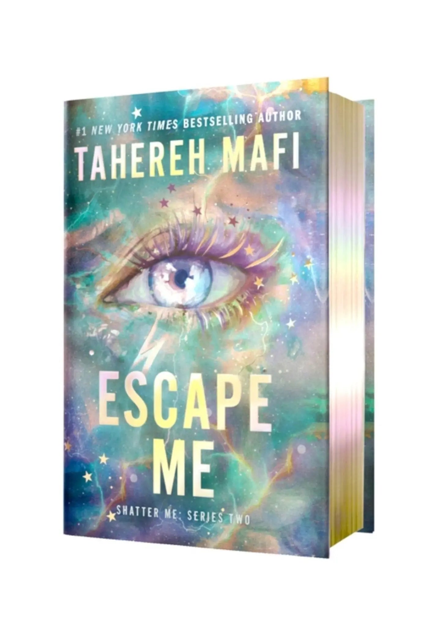 The book escape me by tahereh mafi features a vibrant cosmic cover with an eye and is a deluxe limited edition