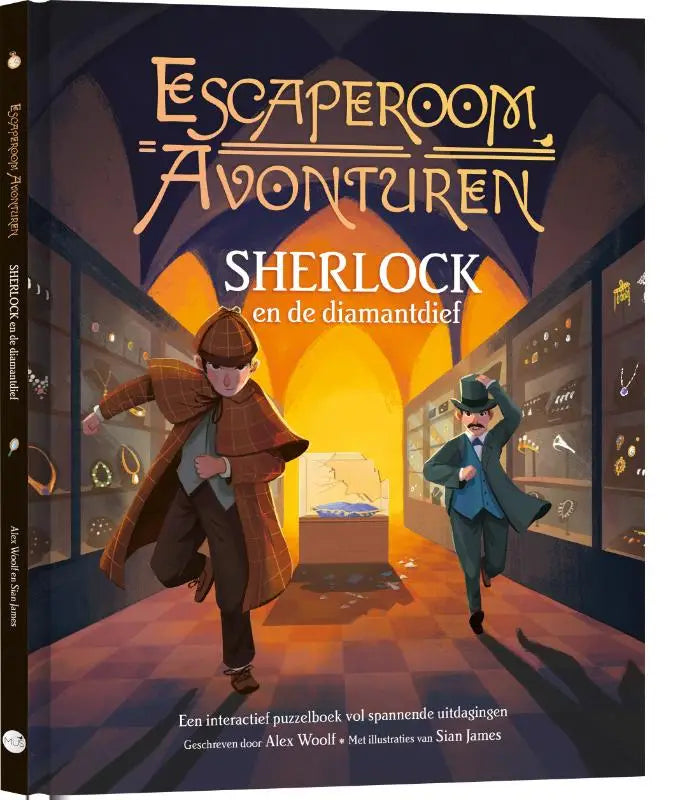 De cover van escape room avonturen sherlock en de diamantdief toont twee personages in een luxe juwelierswinkel