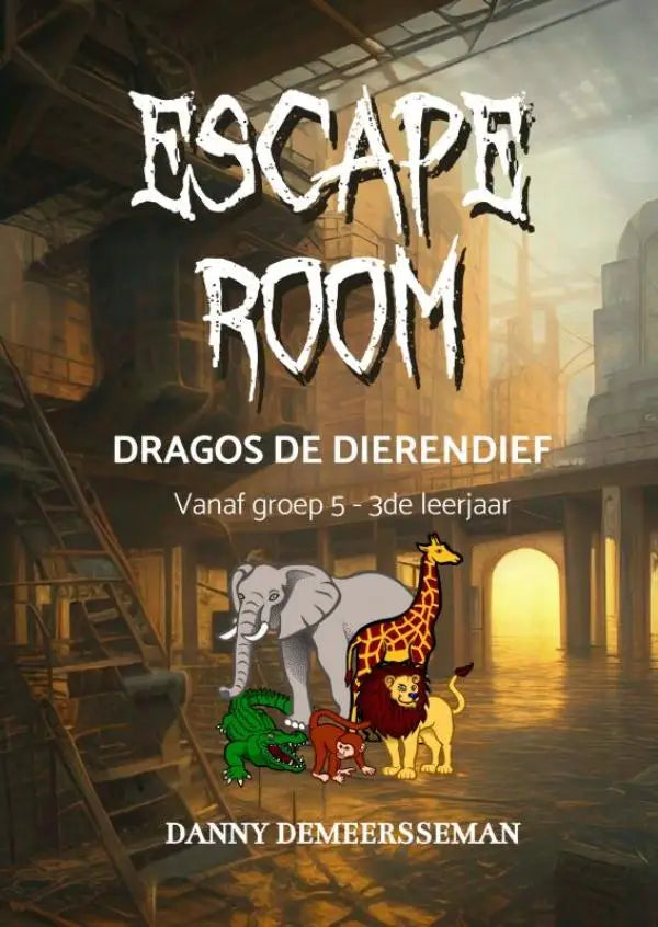 De cover van de kinderenboek escape room dragos de dierendief met cartoon olifant en giraffe voor 3de leerjaar