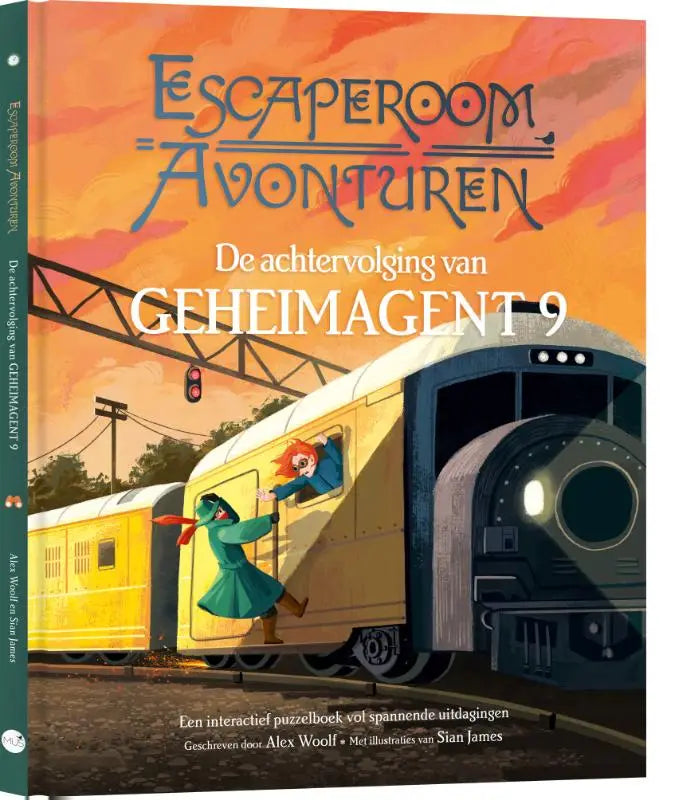 De cover van escaperoom avonturen de achtervolging van geheimagent 9 toont twee kinderen in kleurrijke jassen bij een gele trein