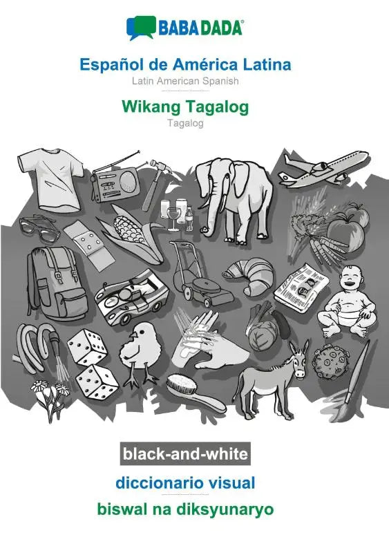 Cover van baba dada zwart-wit visueel woordenboek met tweetalige Spaans en Tagalog vocabulaire en illustraties