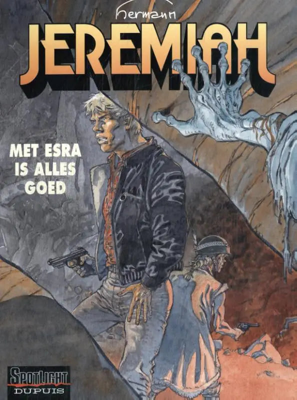 Cover van het comicboek jeremiah door herman met man in zwart jack en oranje overhemd met pistoolstrip algemeen