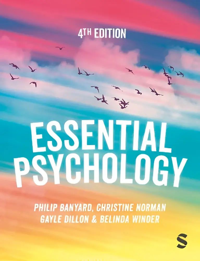 De cover van het 4e editie essential psychology studieboek toont een levendige gradient lucht met vogelzwarte silhouetten