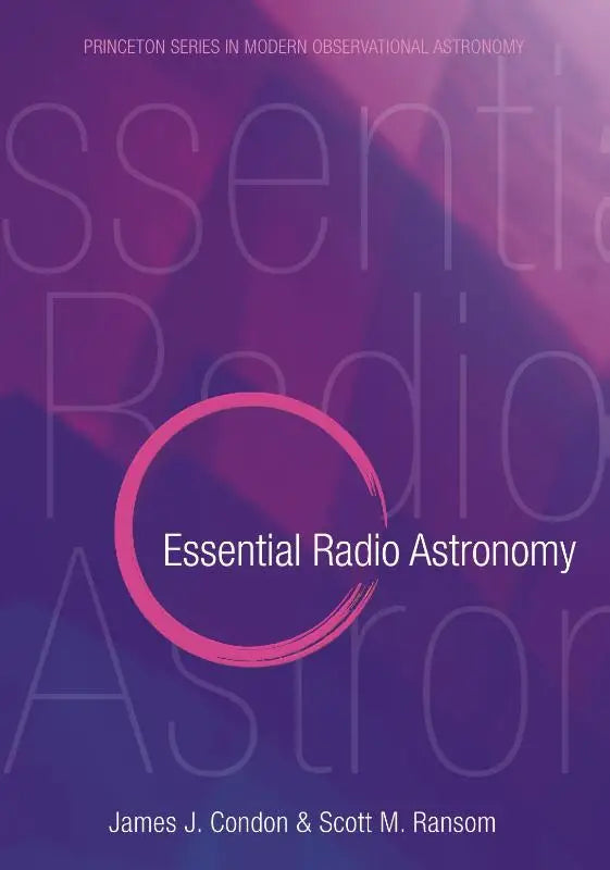 De cover van het boek essential radio astronomy uit de princeton series met een opvallend roze cirkelontwerp op een paarse achtergrond