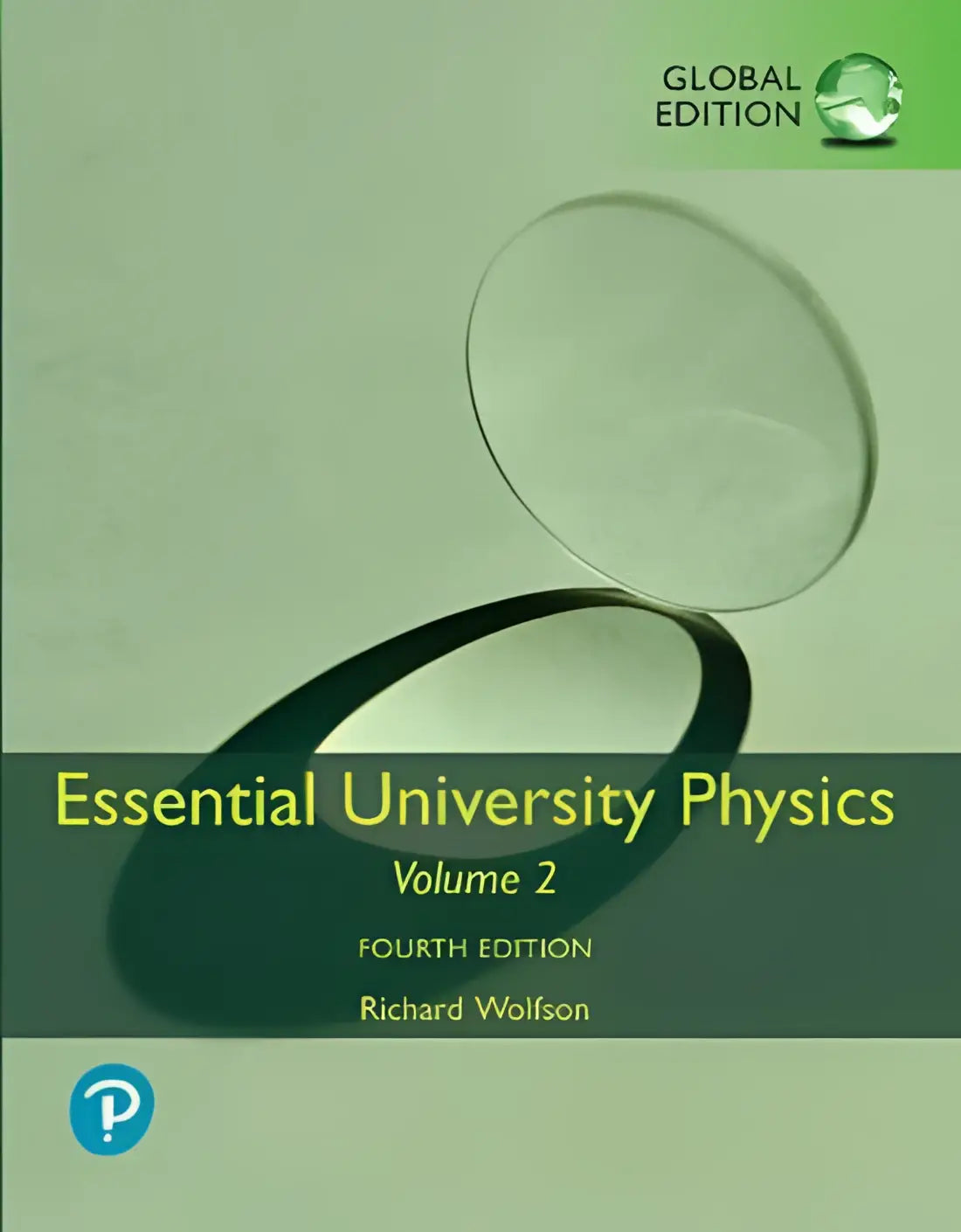 De cover van essential university physics volume 2 global edition toont een minimalistisch ontwerp met twee glazen lenzen op een groen vlak