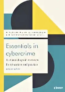 De boekcover essentials in cybersecurity van koninklijke boom uitgevers toont een modern geometrisch ontwerp in zwart wit en teal