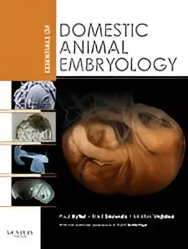 De omslag van het leerboek essentials of domestic animal embryology toont een gedetailleerd 3d echografiebeeld in warme oranje en beige tinten