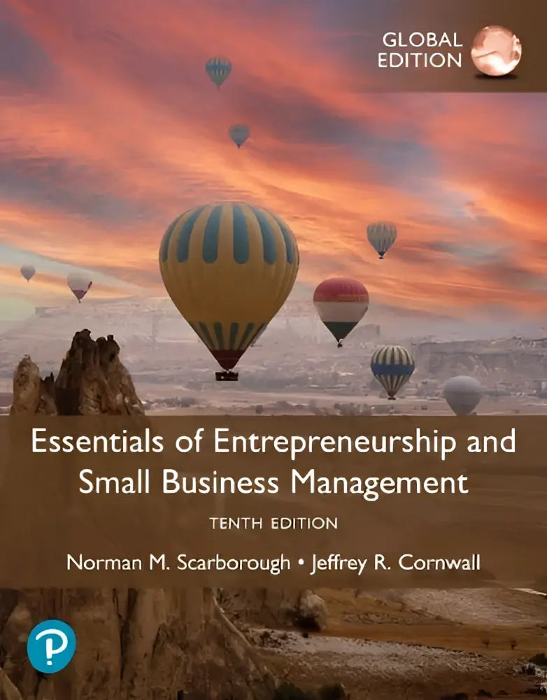 De boekcover van essentials of entrepreneurship and small business management toont een kleurrijke zonsondergang met heteluchtballonnen boven rotsachtig terrein