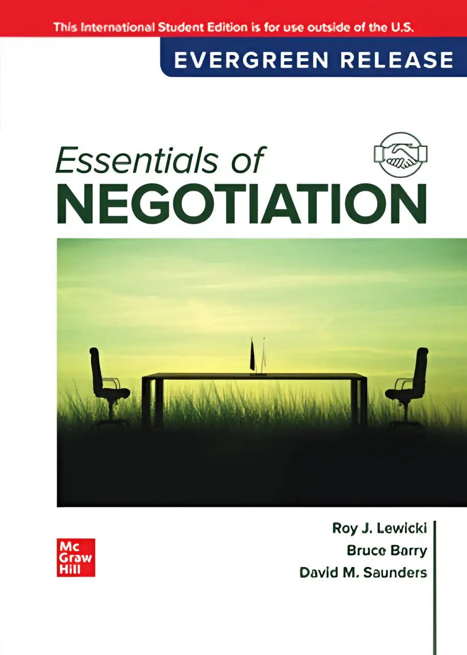 Cover of the essentials of negotiation 2024 release ise textbook showing two chairs and table against gradient green sky
