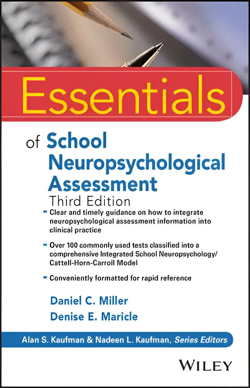 De cover van het boek essentials of school neuropsychological assessment derde editie door daniel c bevat belangrijke informatie over school neuropsychological assessment
