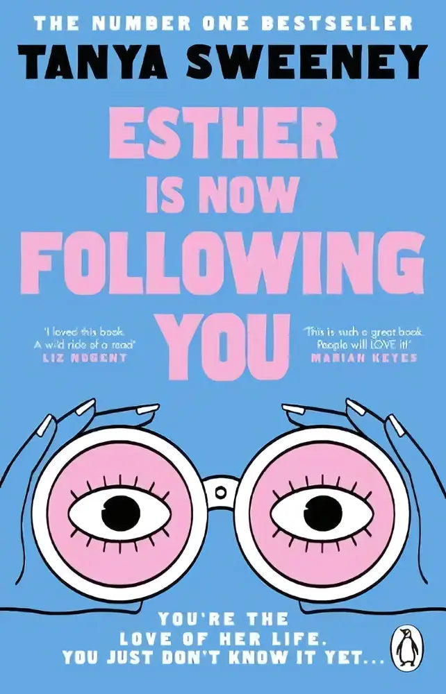 Roze cartoonbril met zwarte pupillen en witte montuur op lichtblauwe boekomslag van esther is now following you