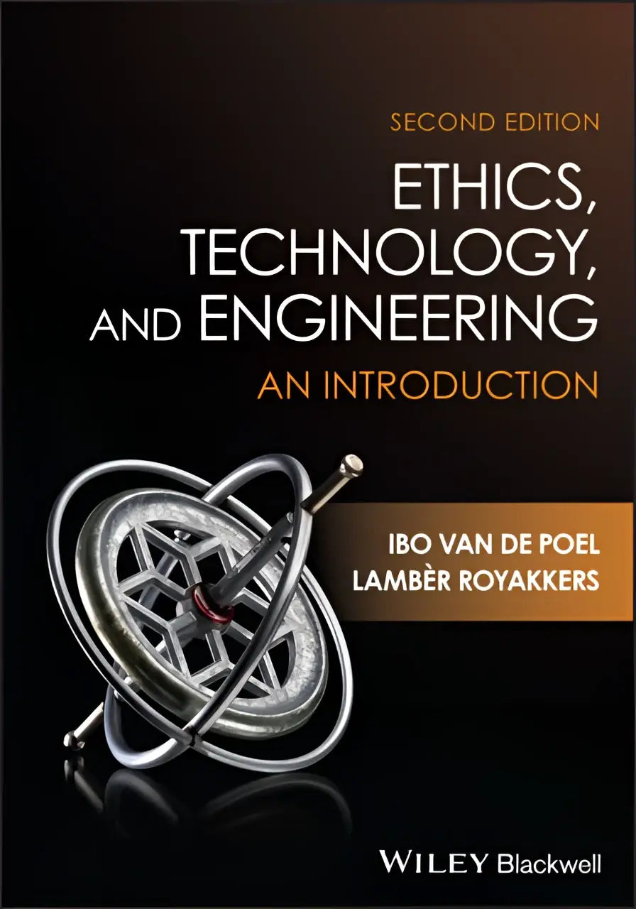 De boekcover van ethics technology and engineering toont een metalen zilverkleurige gyroscoop met rode accenten