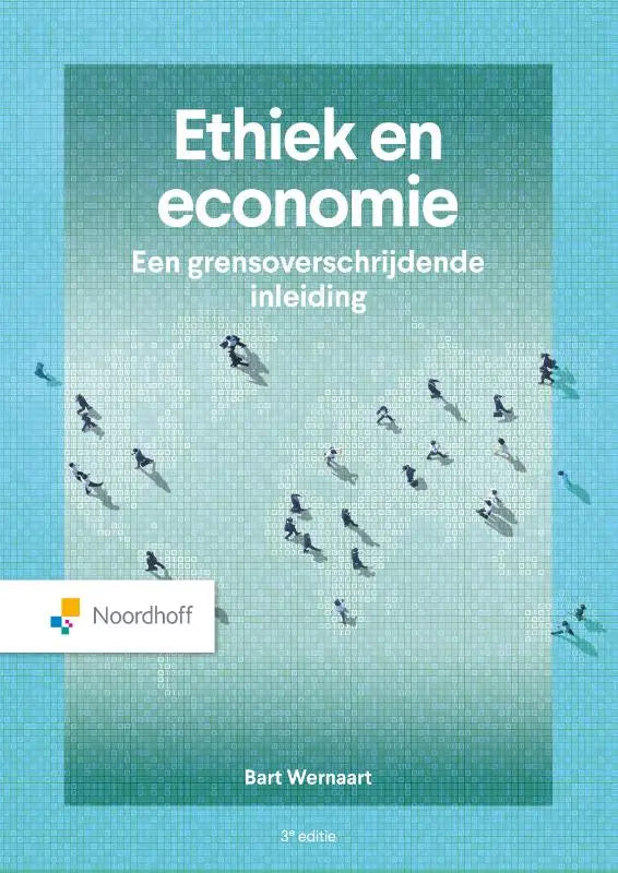 De boekcover van Ethiek en economie door Bart Wernaart toont een teal verloop met wit titel en silhouetten van mensen