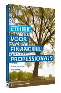 Het boek ethiek voor financieel professionals heeft een blauwe kaft met witte en gele tekst van aloy soppe en gerard verstegen