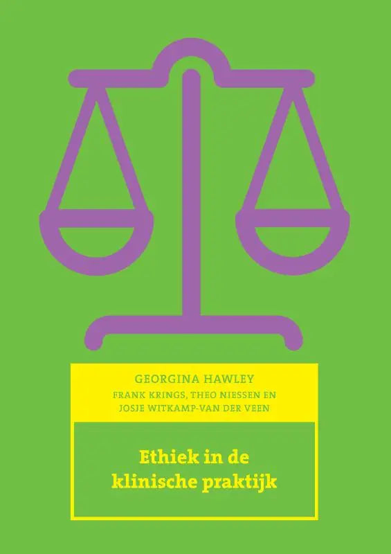 Groen boek over ethiek in de klinische praktijk met paarse weegschaal en gele tekstblokken op de omslag