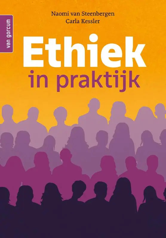 Het boek ethiek in praktijk door carla kessler toont witte en paarse tekst met donkere silhouetten over oranje achtergrond