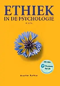 De cover van ethiek in de psychologie door jacquelien rothfusz is geel met zwarte letters en blauwe stickers, gericht op hoger onderwijs