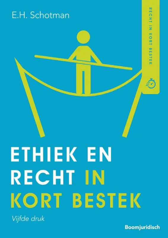 Blauw boek ethiek en recht in kort bestek met gele roeier op boot door edward schotman uitgegeven door koninklijke boom