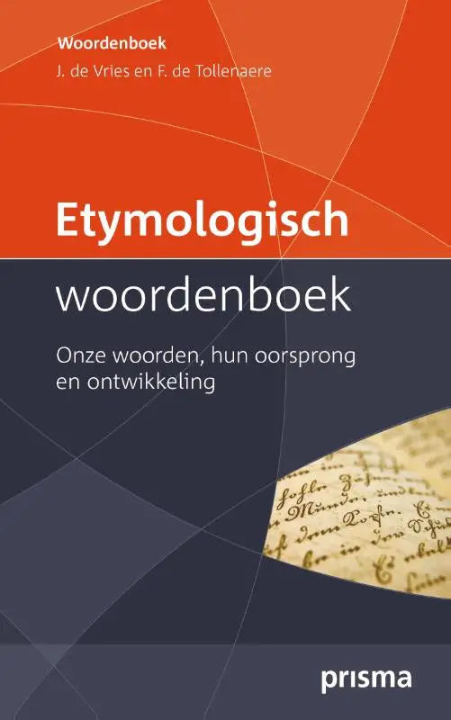 Oranje en donkergrijs hardcover etymologisch woordenboek met geometrisch ontwerp binnen specialistische woordenboeken