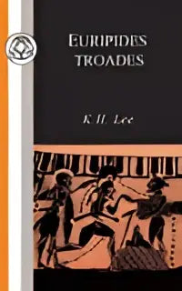 Hardcoverboek euripides troades in zwart en oranje met klassieke griekse illustratie van gewapende figuren bij gevallen krijger
