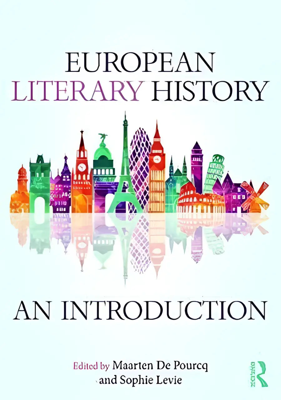 De boekomslag van european literary history an introduction toont een kleurrijke silhouet van Europese bezienswaardigheden tegen een lichte achtergrond