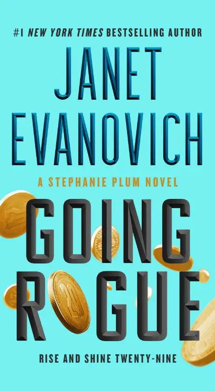 De boekcover van evanovich j going rogue toont donkere letters op turquoise achtergrond met gouden munten rondom titel
