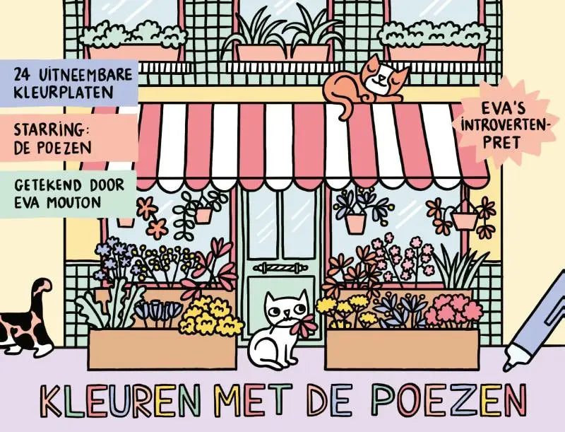 Een charmant geïllustreerde bloemenwinkel met een roze-wit gestreept luifel vol kleurrijke bloemen in houten bakken in eva’s introvertenpret van eva mouton non-fictie vrije tijd