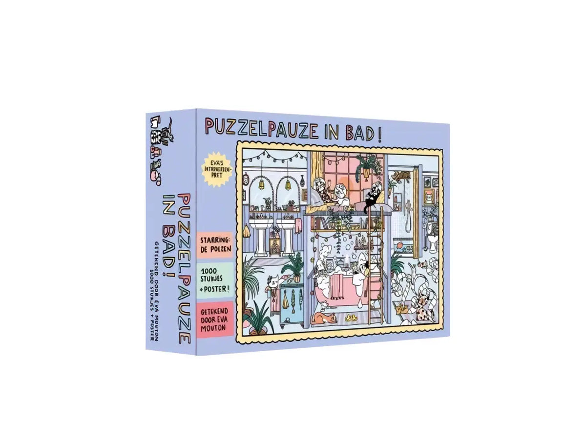 Pastel lavendelkleurige puzzeldoos eva’s introvertenpret- puzzelpauze met illustratie van badkamer en dieren