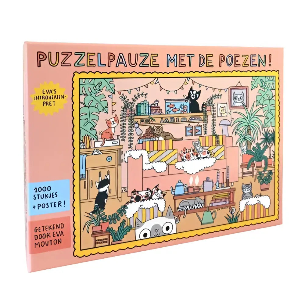 Een 1000-delig eva’s introvertenpret puzzel met een charmante kamer vol katten, pastelroze muren en groene planten voor jonge lezers