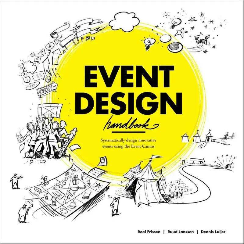 Fel geel rond omslag van de event design handbook met zwarte tekst en speelse lijntekeningen