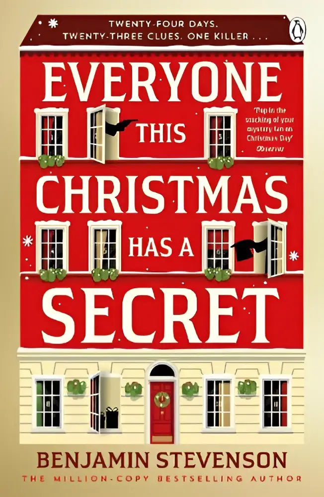 Rood boek met wit gebouw en groene kransen getiteld everyone this christmas has a secret van benjamin stevenson