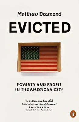 Het boekcover van Evicted door Matthew Desmond toont een roodbruine gestreepte stoffen pouch centraal