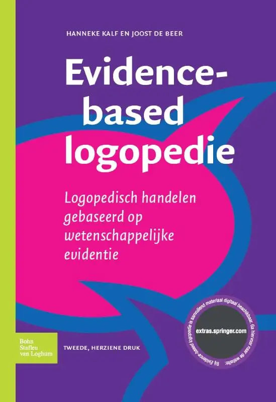 Paars en roze boekcover met wit vetgedrukt bewijsgebaseerde logopedie door hanneke kalf en joost de beer van bsl media