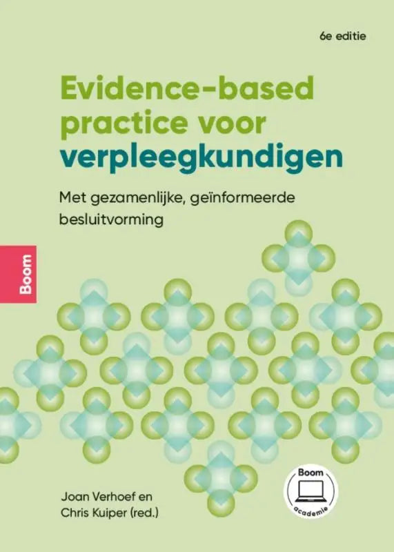 Lichtgroene omslag van evidence-based practice voor verpleegkundigen met geometrisch patroon door chris kuiper en joan verhoef