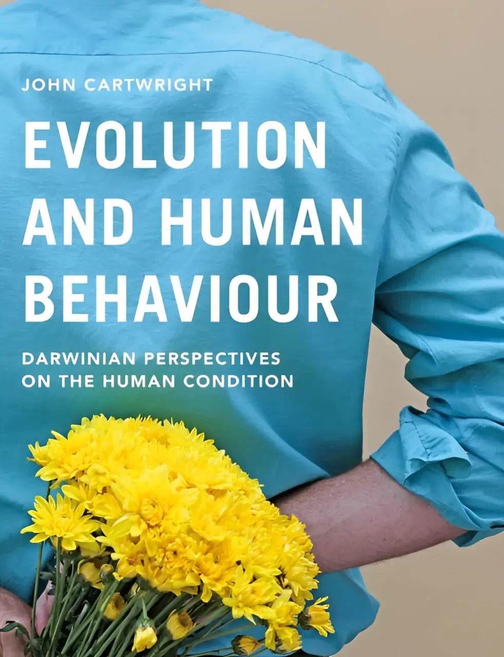 Een levendig blauw katoenen overhemd met een bos heldere gele bloemen, passend bij evolution en human behaviour