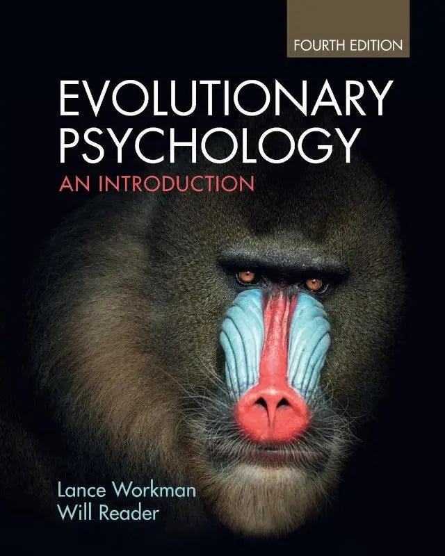 De vierde editie van evolutionary psychology an introduction door lance workman en will reader toont een mandril portret met levendige blauwe en rode kleuren in full colour tegen een donkere achtergrond