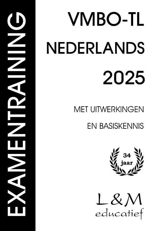 Witte vmbo-tl nederlands 2025 examenboek met zwarte tekst en lauwerkrans van l&m educatief voor examentraining