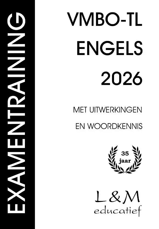 Wit bedekt examentraining engels boek met zwarte tekst en lauwerkrans embleem voor examengerichte studie