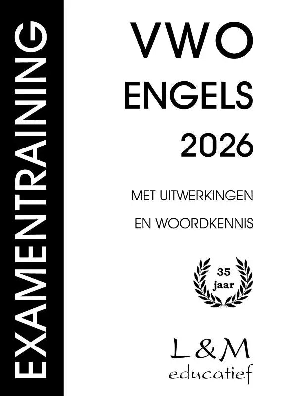 Zwarte en witte educatieve examentraining workbook voor vwo engels 2026 van l&m educatief met uitwerkingen en woordkennis