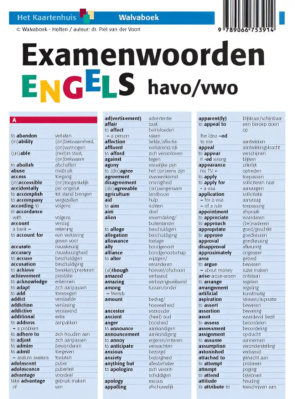 De achterzijde van het examenwoorden engels havo vwo boek van walboek met blauwe header en zwarte tekst op lichte achtergrond