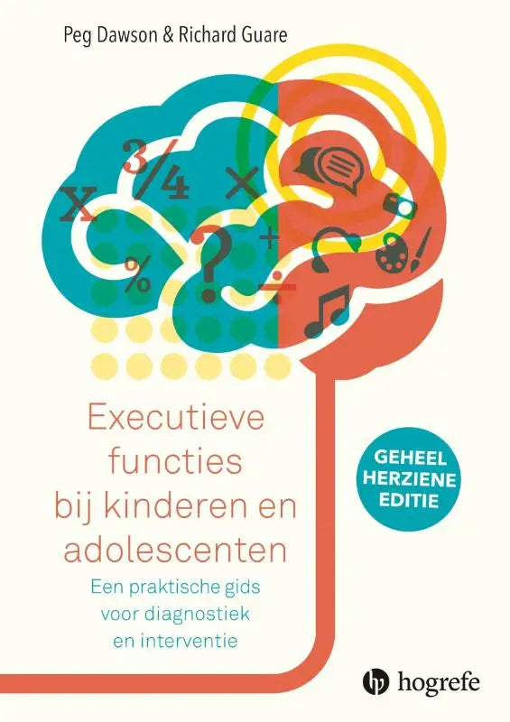 Het boek executieve functies bij kinderen en adolescenten van peg dawson toont een hersenillustratie met muzieknoten en wiskundesymbolen