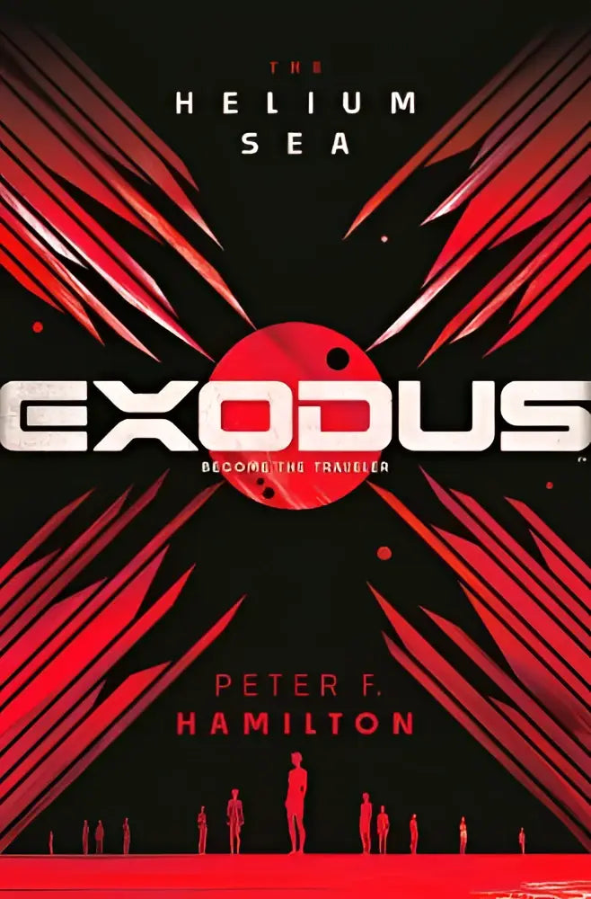De cover van exodus the helium sea door peter f toont een kleurrijk ontwerp voor het boek the helium sea