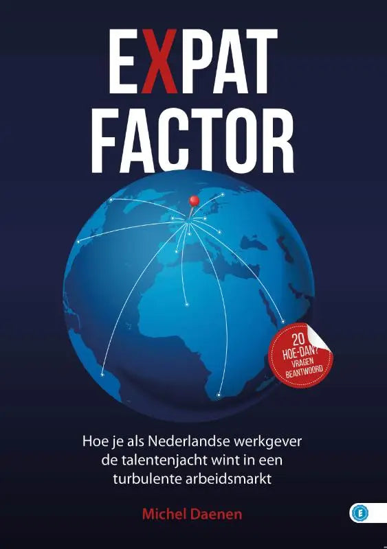 Blauwe globe met witte lijnen vanuit rode stip voor expatfactor over Nederlandse mkb-werkgever talentenjacht wint turbulente arbeidsmarkt