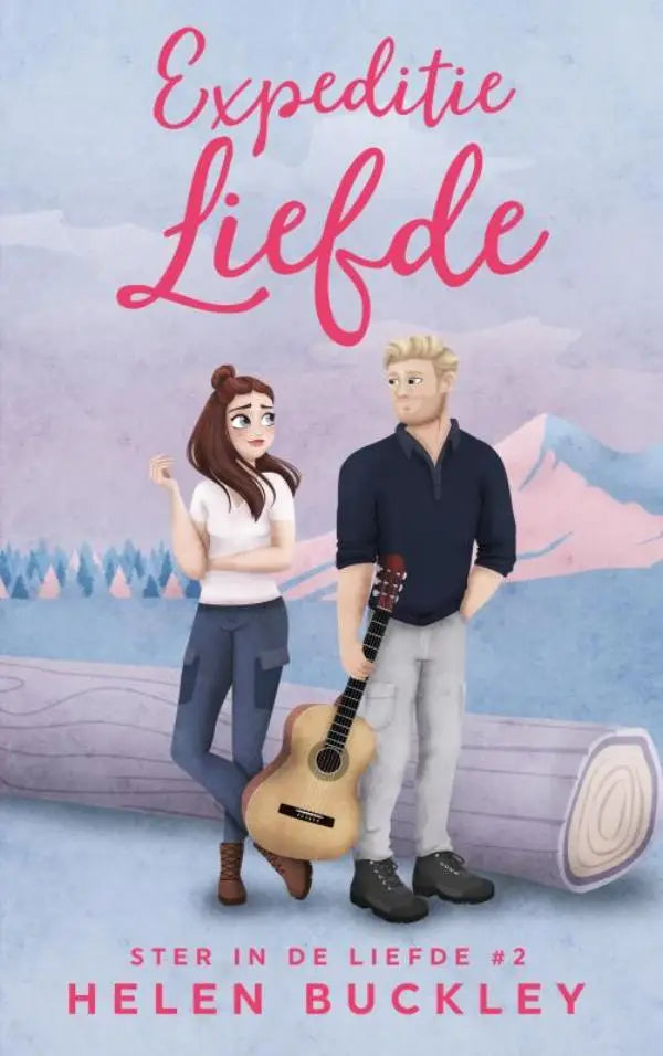 De cover van het boek expeditie liefde van helen buckley toont een geïllustreerd stel bij een grote boomstronk met een lichtbruine akoestische gitaar