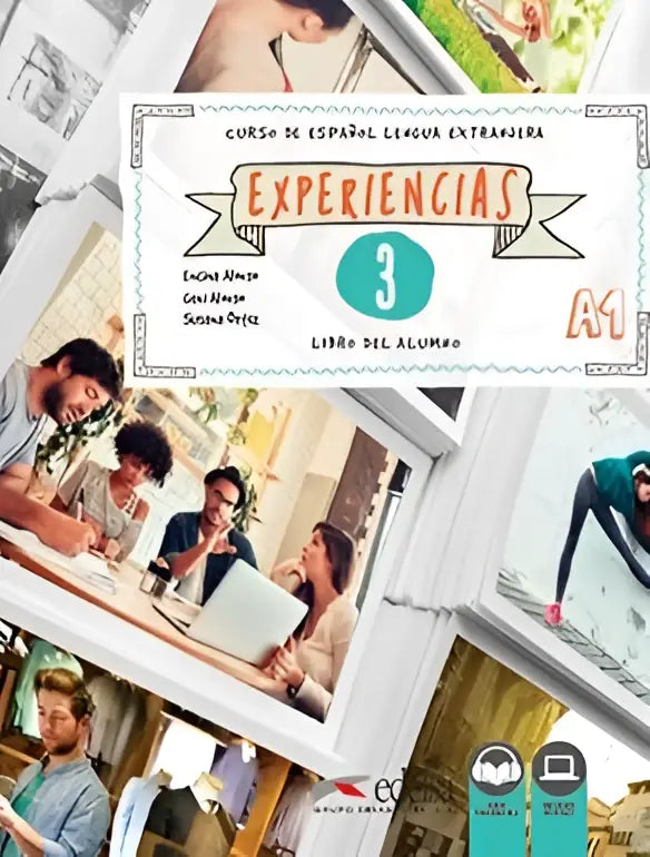 Omslag van de Spaanse leerboek experiencias 3 a1 met collage van mensen en witte banner ontwerp voor studenten