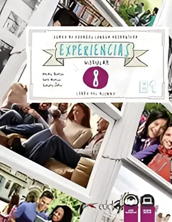 De omslag van het workbook experiencias 8 b1 libro del alumno toont een kleurrijke collage van lachende mensen in groepen